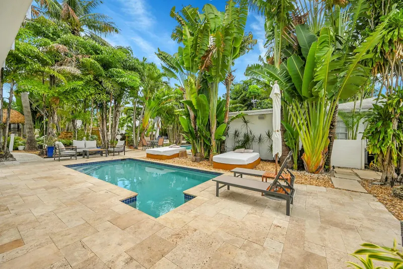 Pool and loungers surrounded by palms