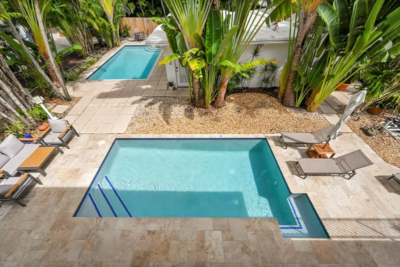 Two of the three pools at Inn on the Drive, seen from above