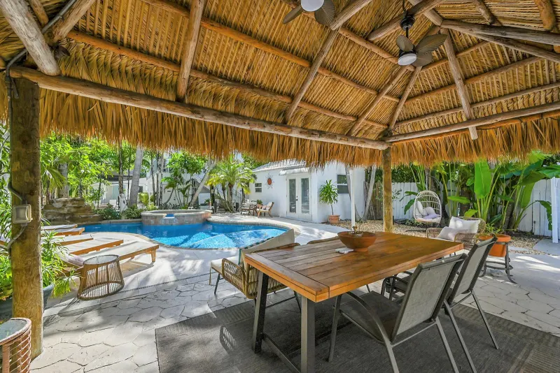 Pool seen from under the tiki hut